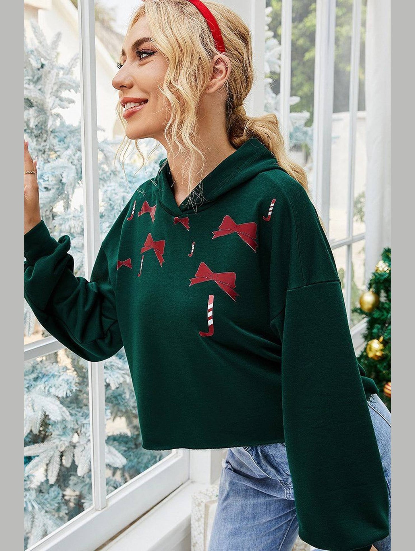 WOMEN CHRISTMAS PRINTED SHORT HOODIE PULLOVER