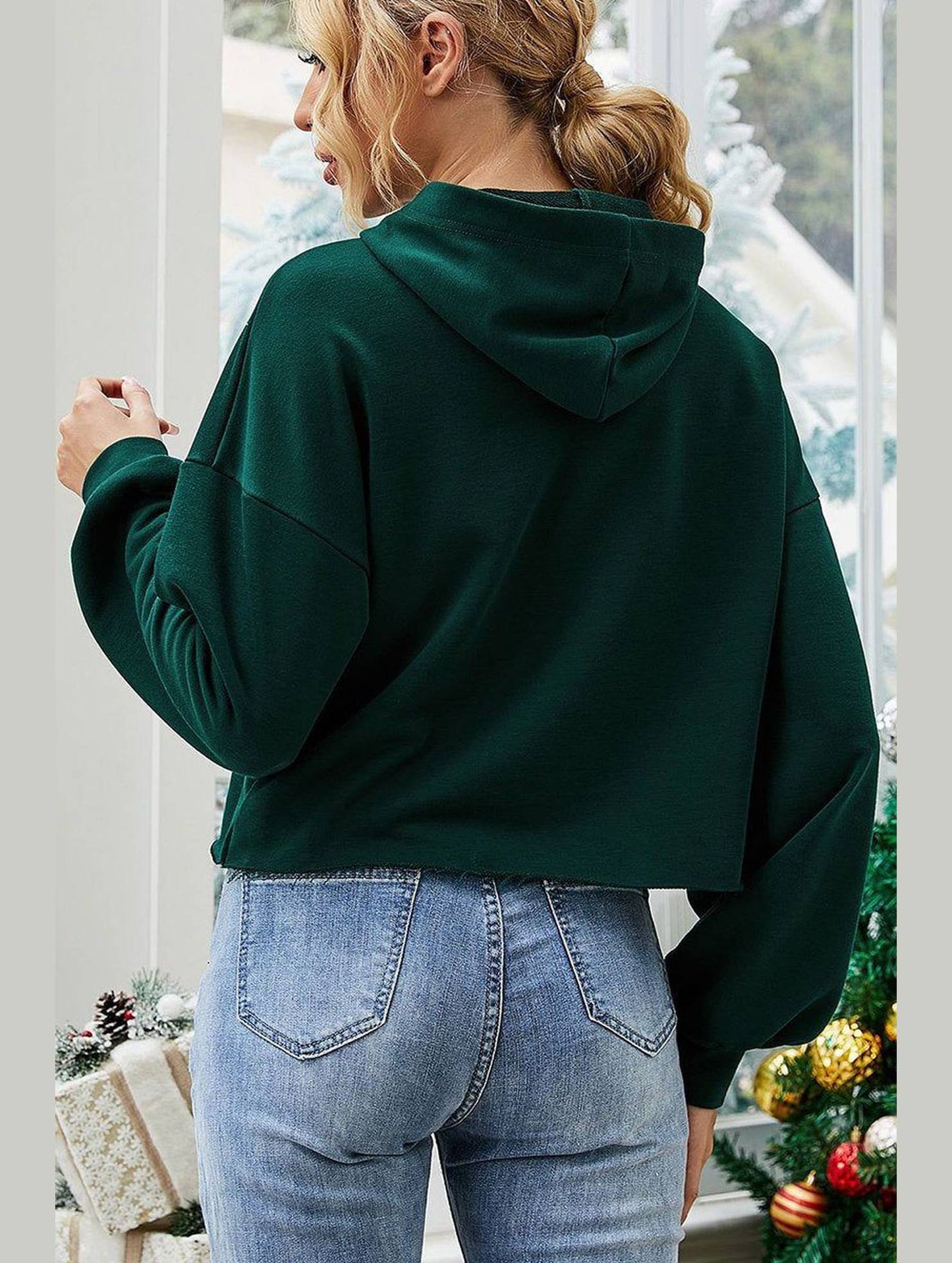 WOMEN CHRISTMAS PRINTED SHORT HOODIE PULLOVER