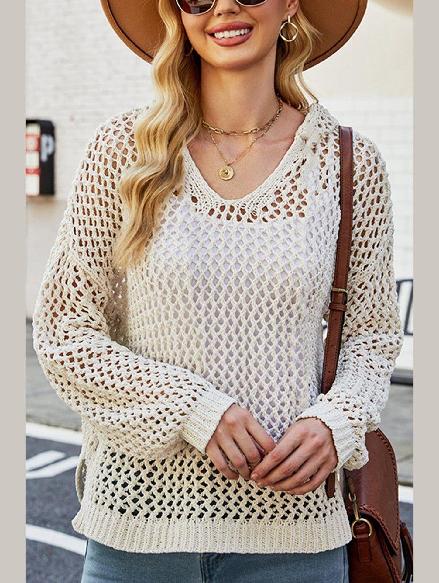 WOMEN HOLLOW OUT KNIT HOODIE SWEATER