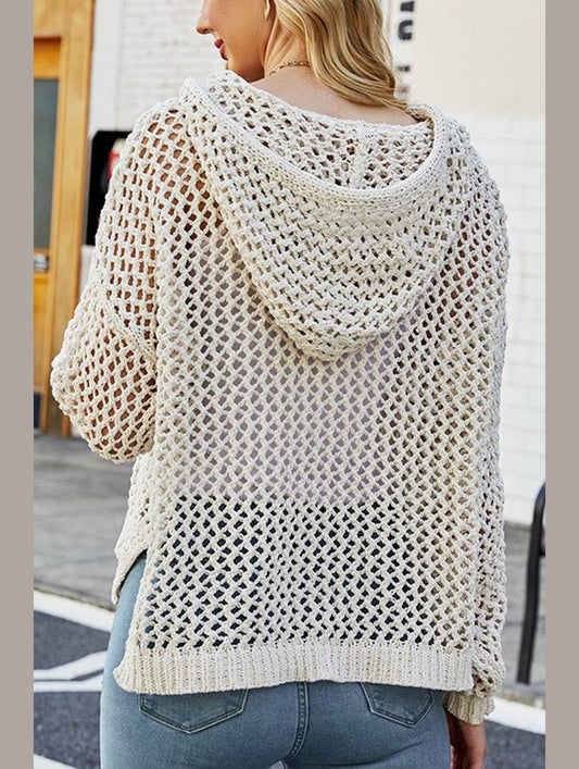 WOMEN HOLLOW OUT KNIT HOODIE SWEATER