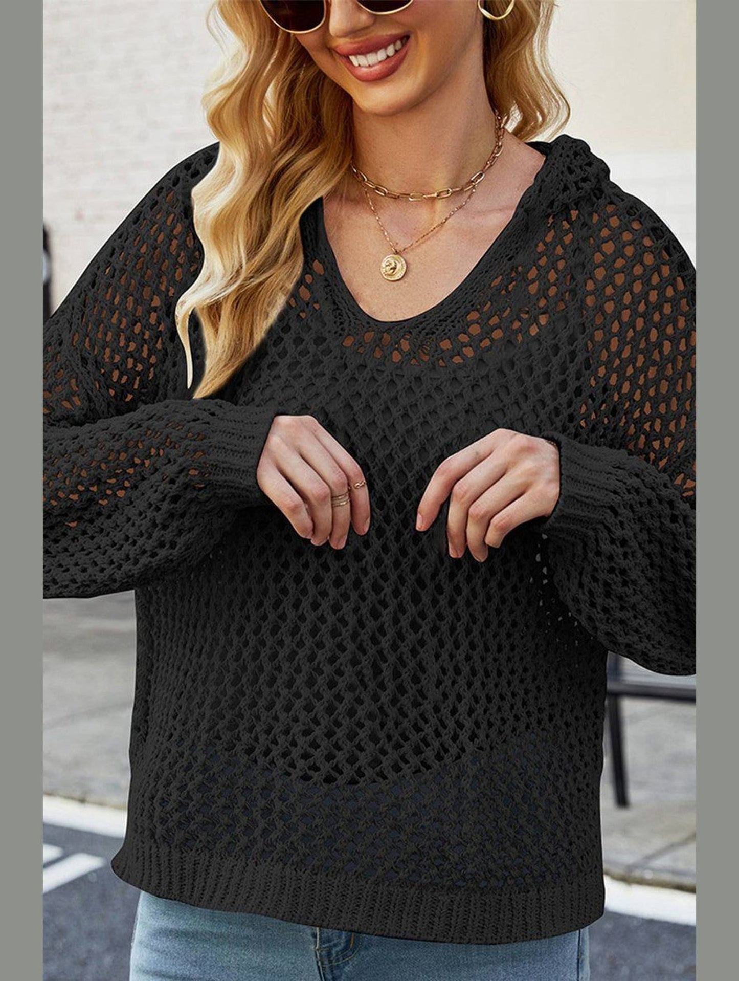 WOMEN HOLLOW OUT KNIT HOODIE SWEATER