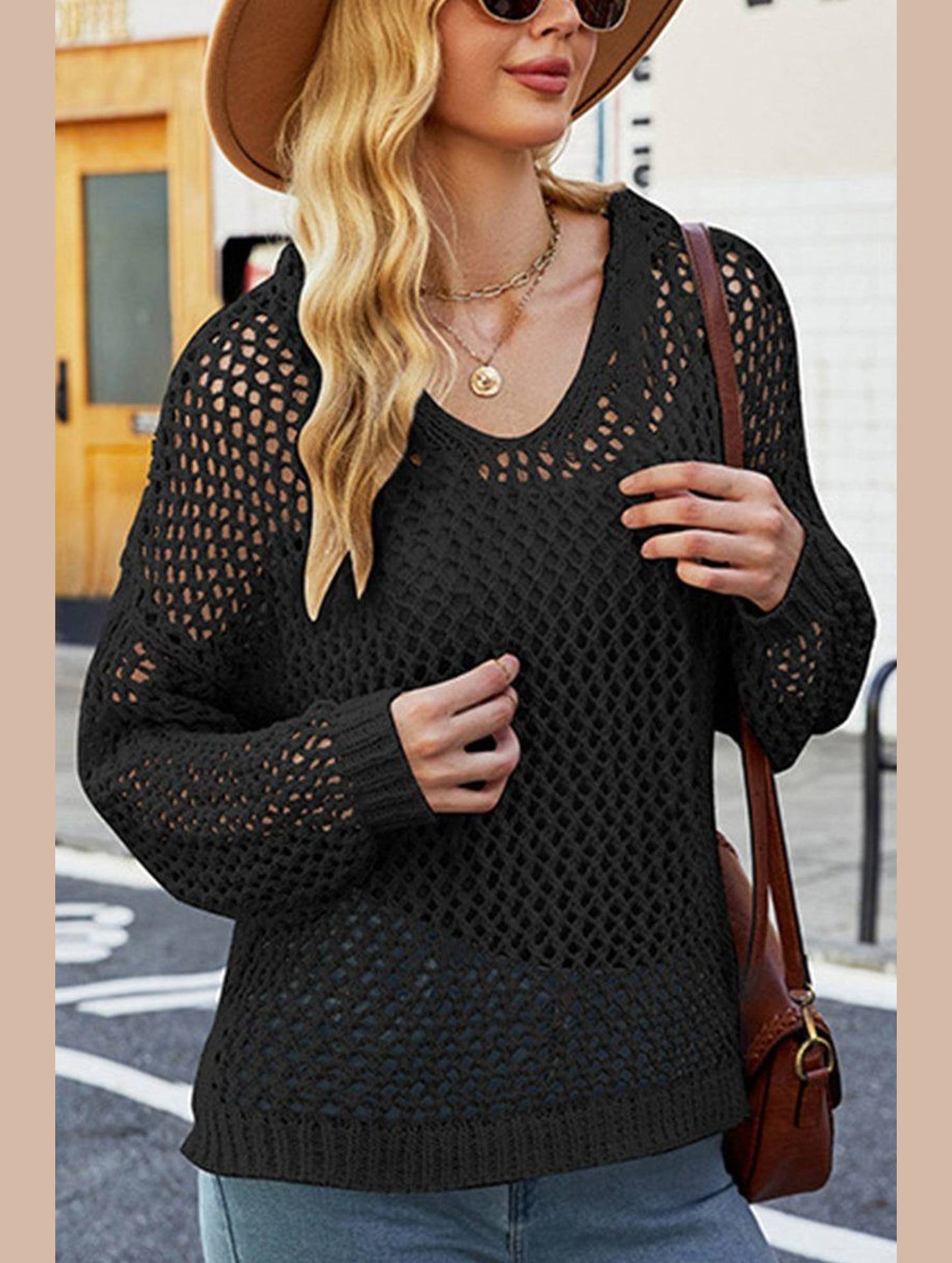 WOMEN HOLLOW OUT KNIT HOODIE SWEATER