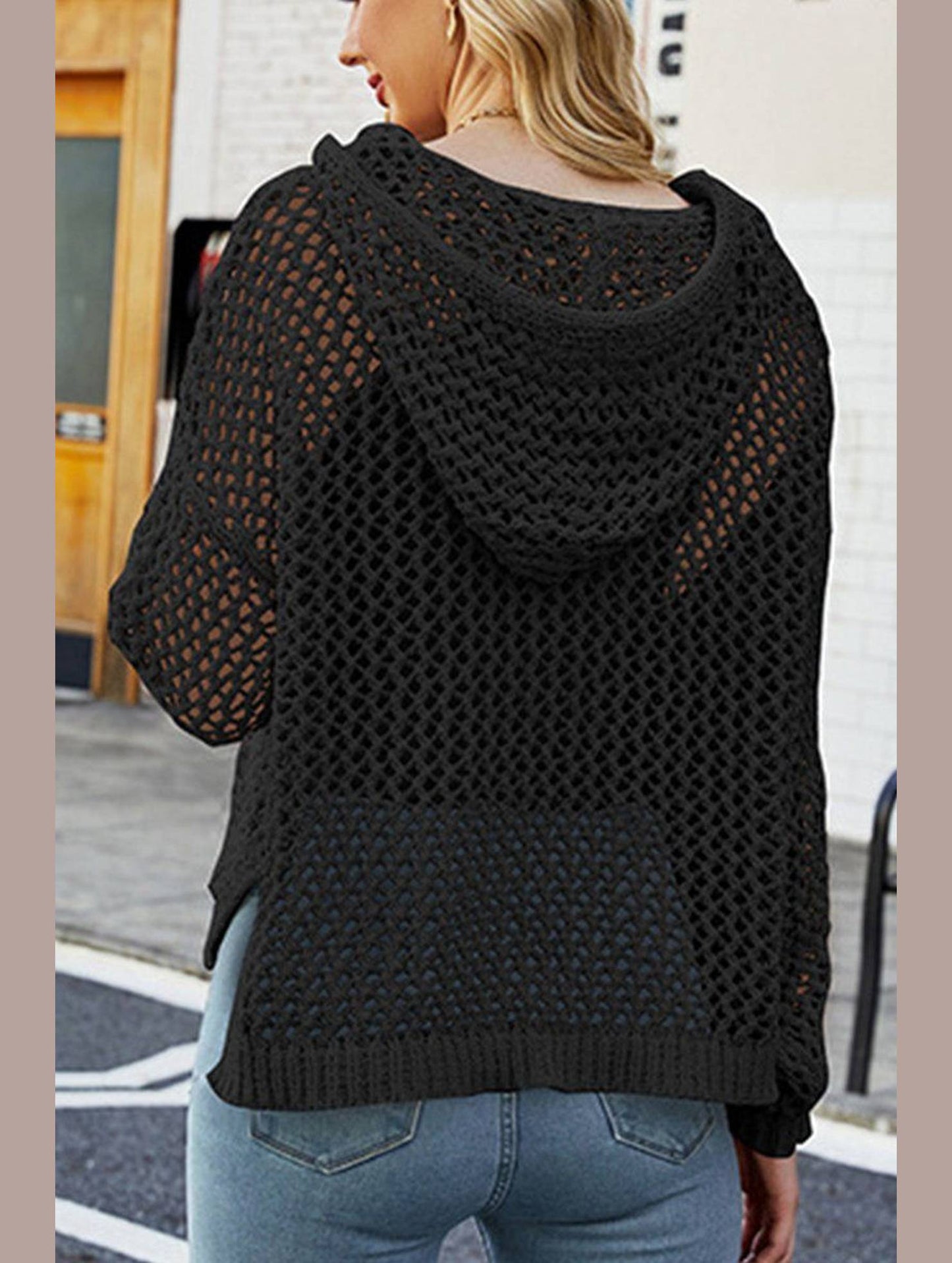 WOMEN HOLLOW OUT KNIT HOODIE SWEATER