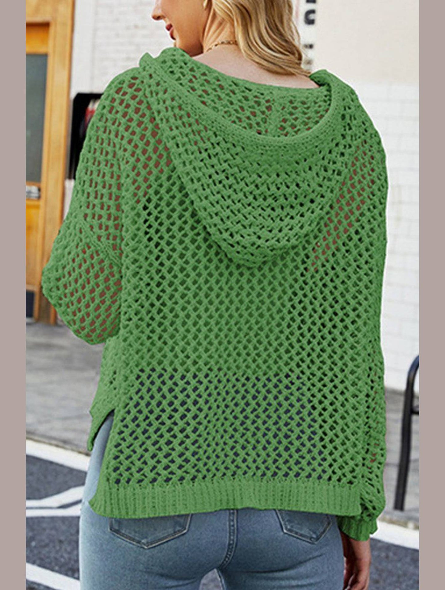 WOMEN HOLLOW OUT KNIT HOODIE SWEATER