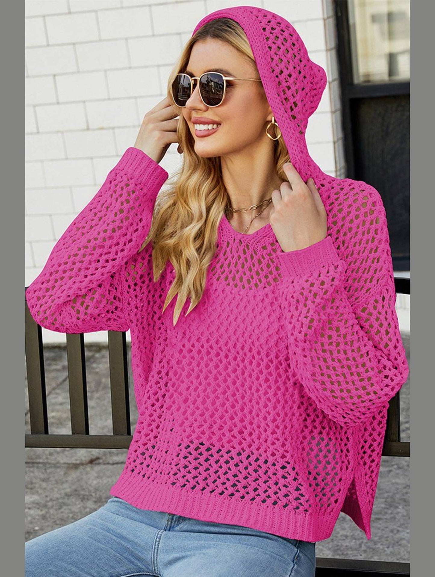 WOMEN HOLLOW OUT KNIT HOODIE SWEATER