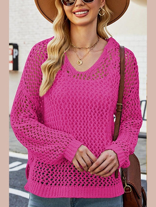 WOMEN HOLLOW OUT KNIT HOODIE SWEATER