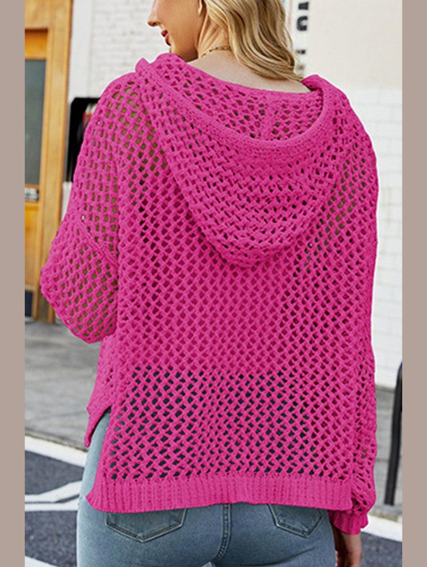 WOMEN HOLLOW OUT KNIT HOODIE SWEATER