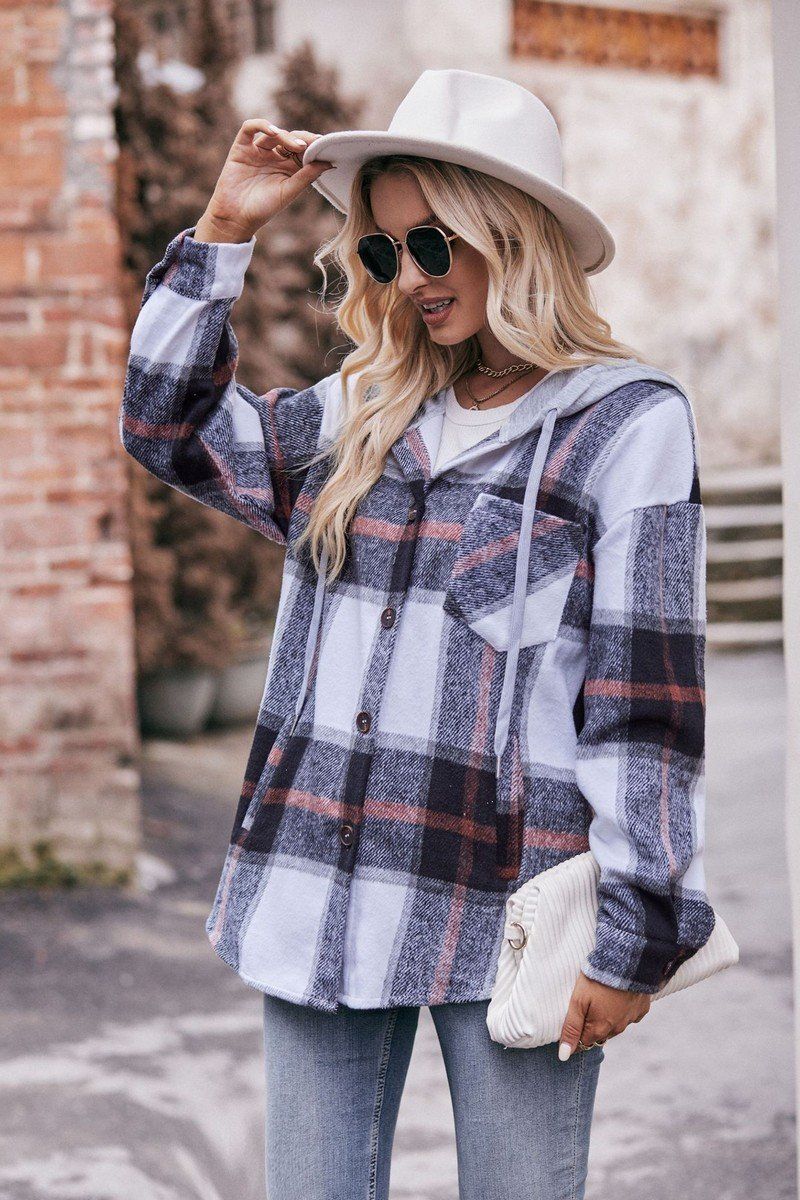 WOMEN LOOSE HOODED PLAID SHIRT