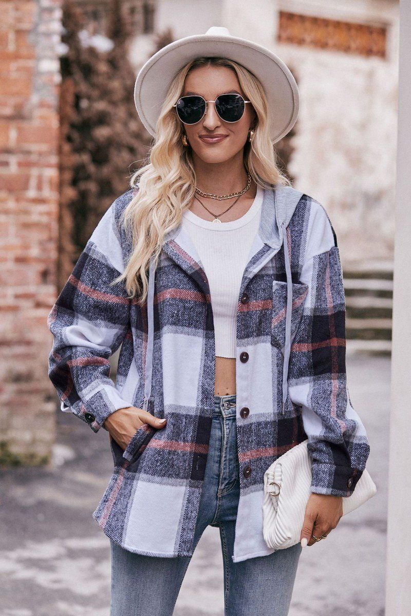 WOMEN LOOSE HOODED PLAID SHIRT