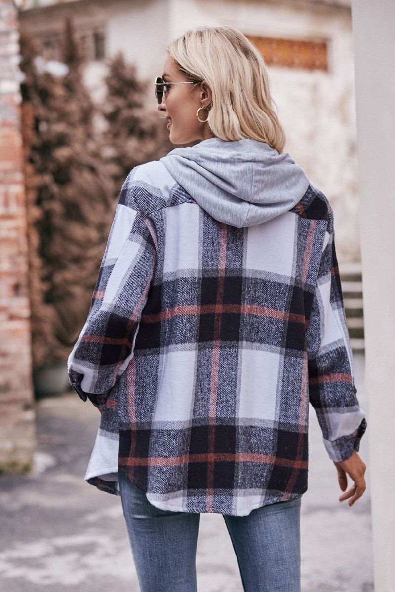 WOMEN LOOSE HOODED PLAID SHIRT