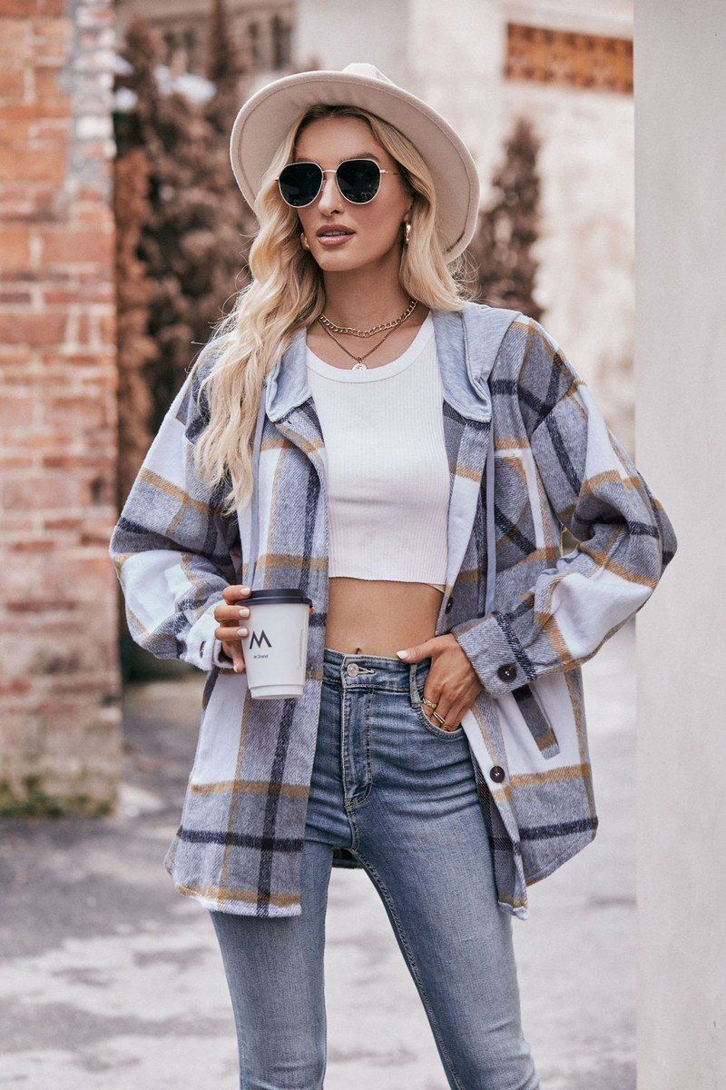 WOMEN LOOSE HOODED PLAID SHIRT