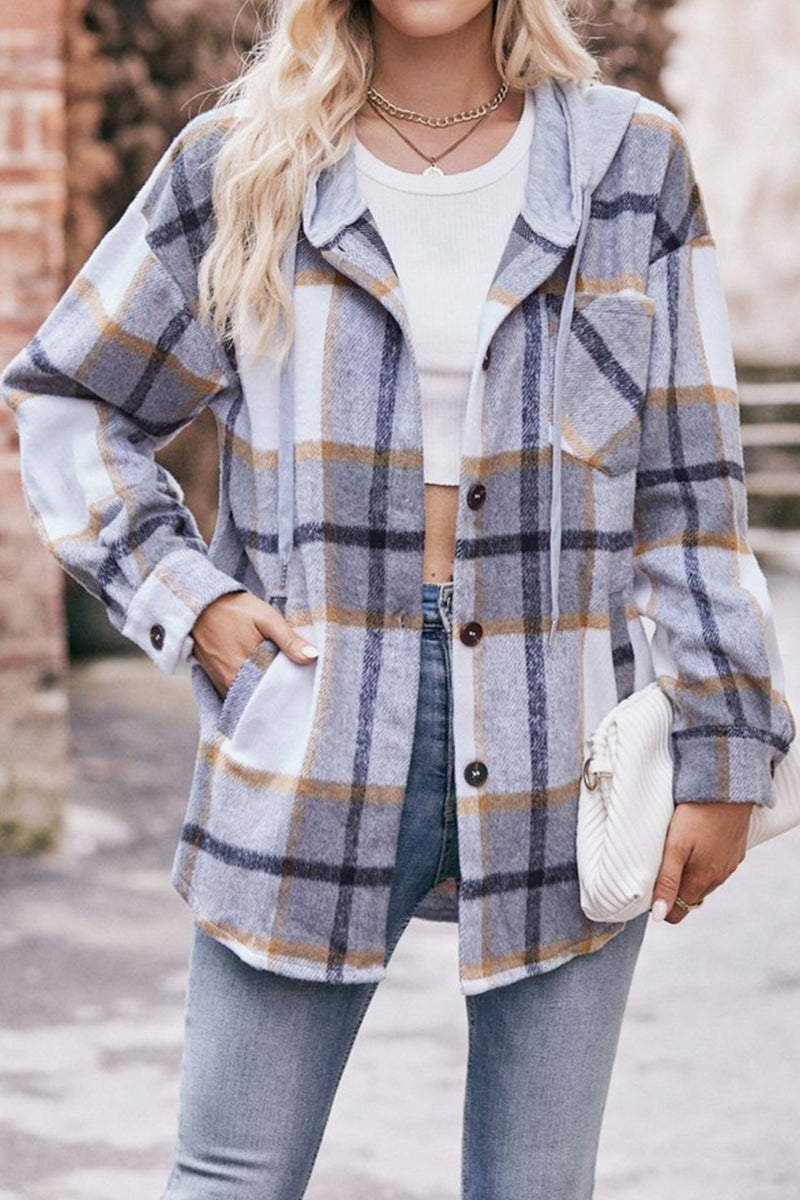 WOMEN LOOSE HOODED PLAID SHIRT