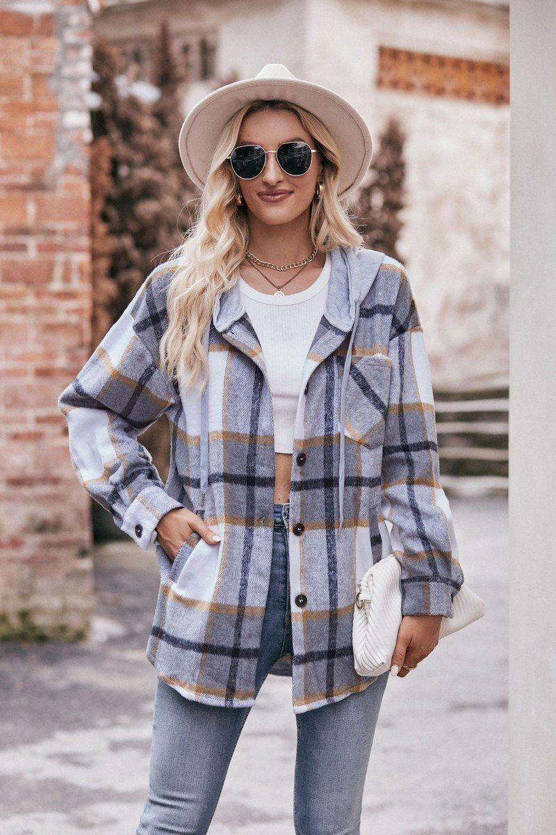 WOMEN LOOSE HOODED PLAID SHIRT