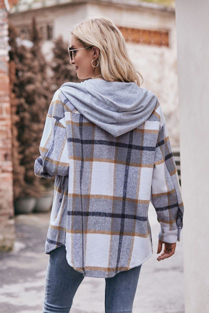 WOMEN LOOSE HOODED PLAID SHIRT