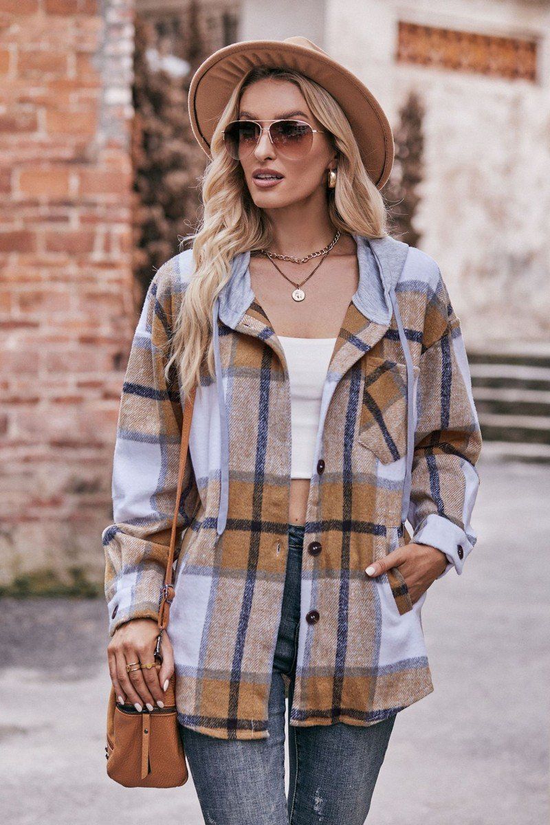 WOMEN LOOSE HOODED PLAID SHIRT