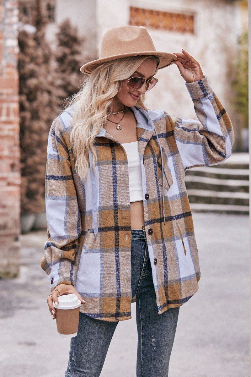 WOMEN LOOSE HOODED PLAID SHIRT