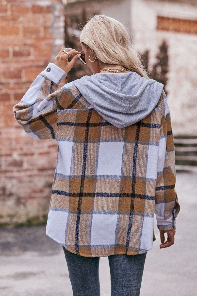 WOMEN LOOSE HOODED PLAID SHIRT