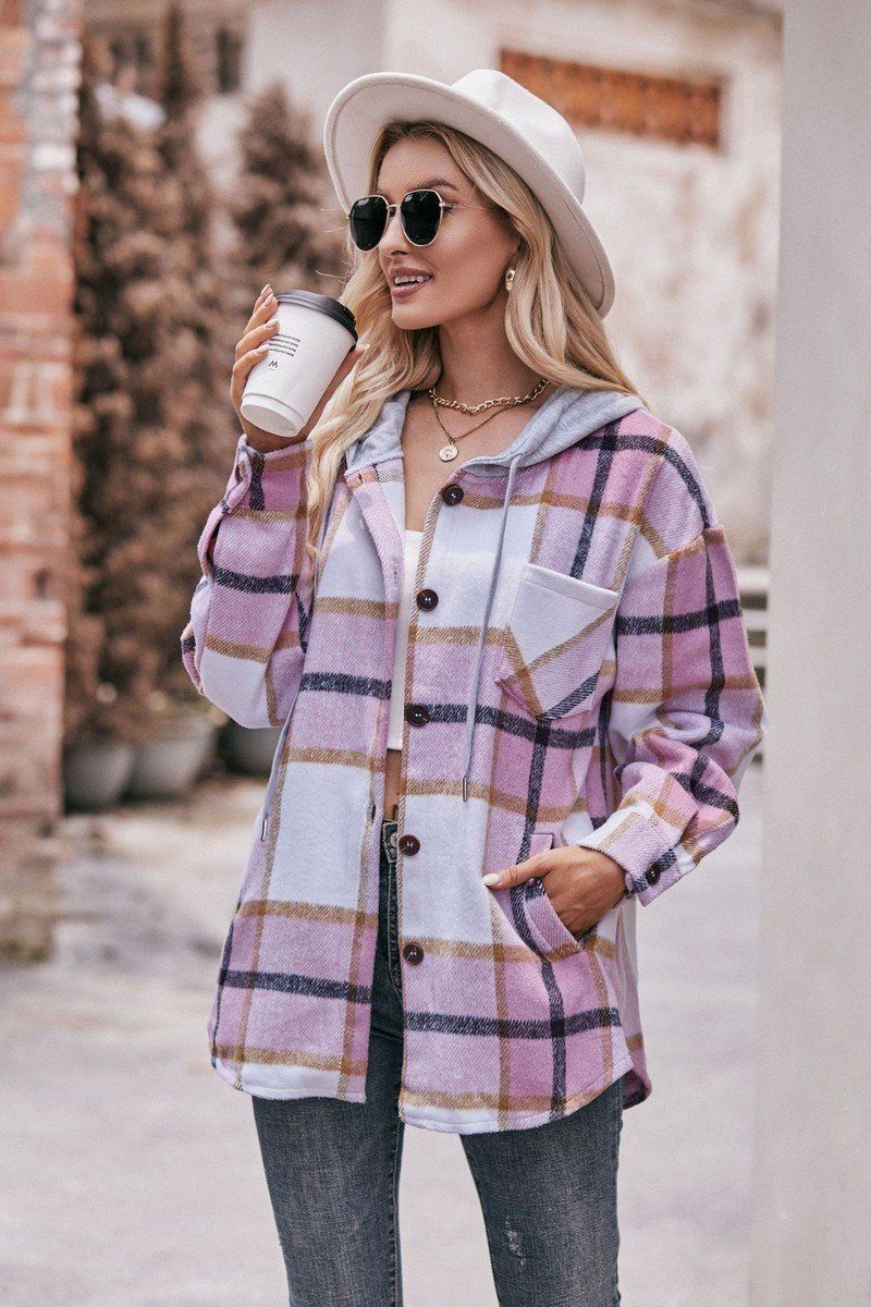 WOMEN LOOSE HOODED PLAID SHIRT