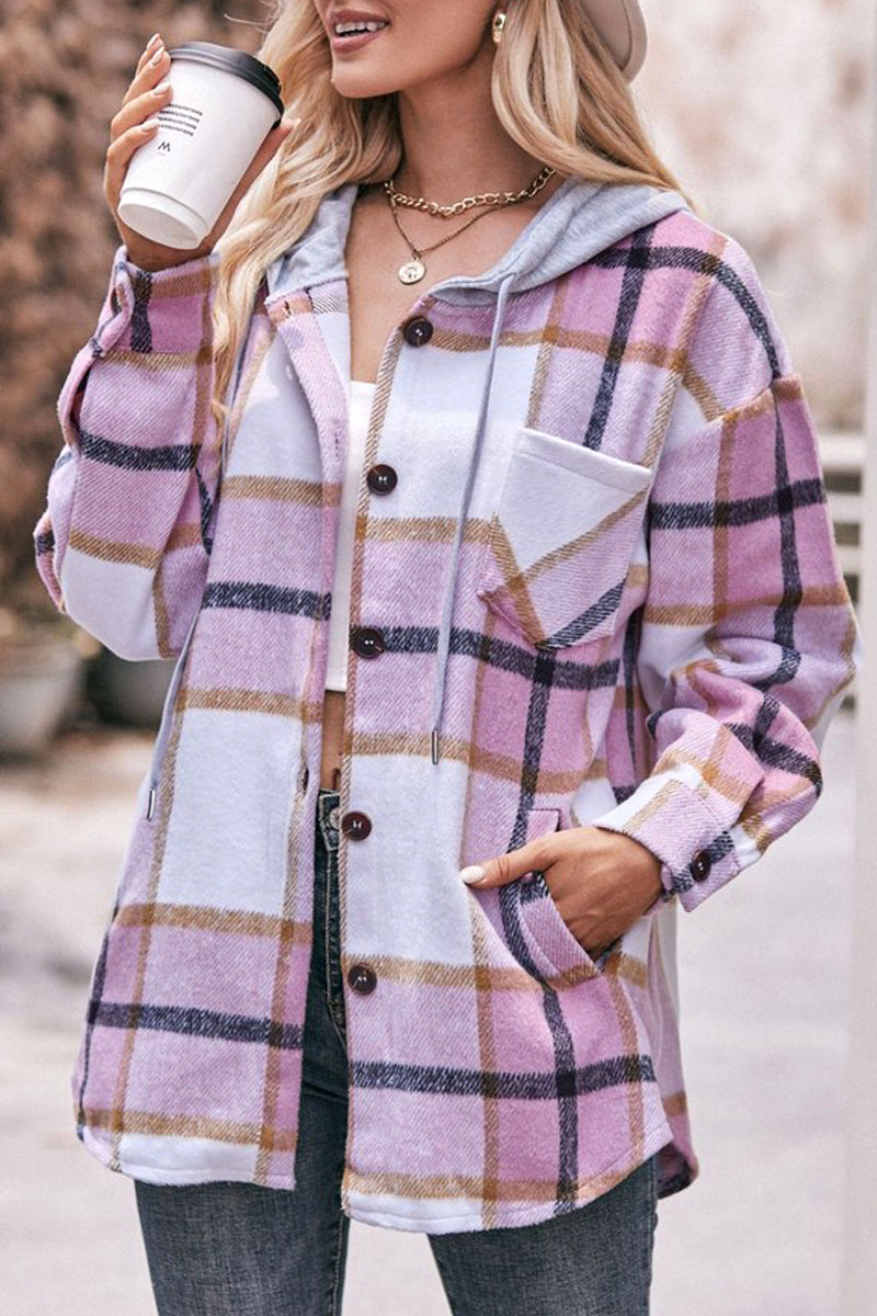 WOMEN LOOSE HOODED PLAID SHIRT