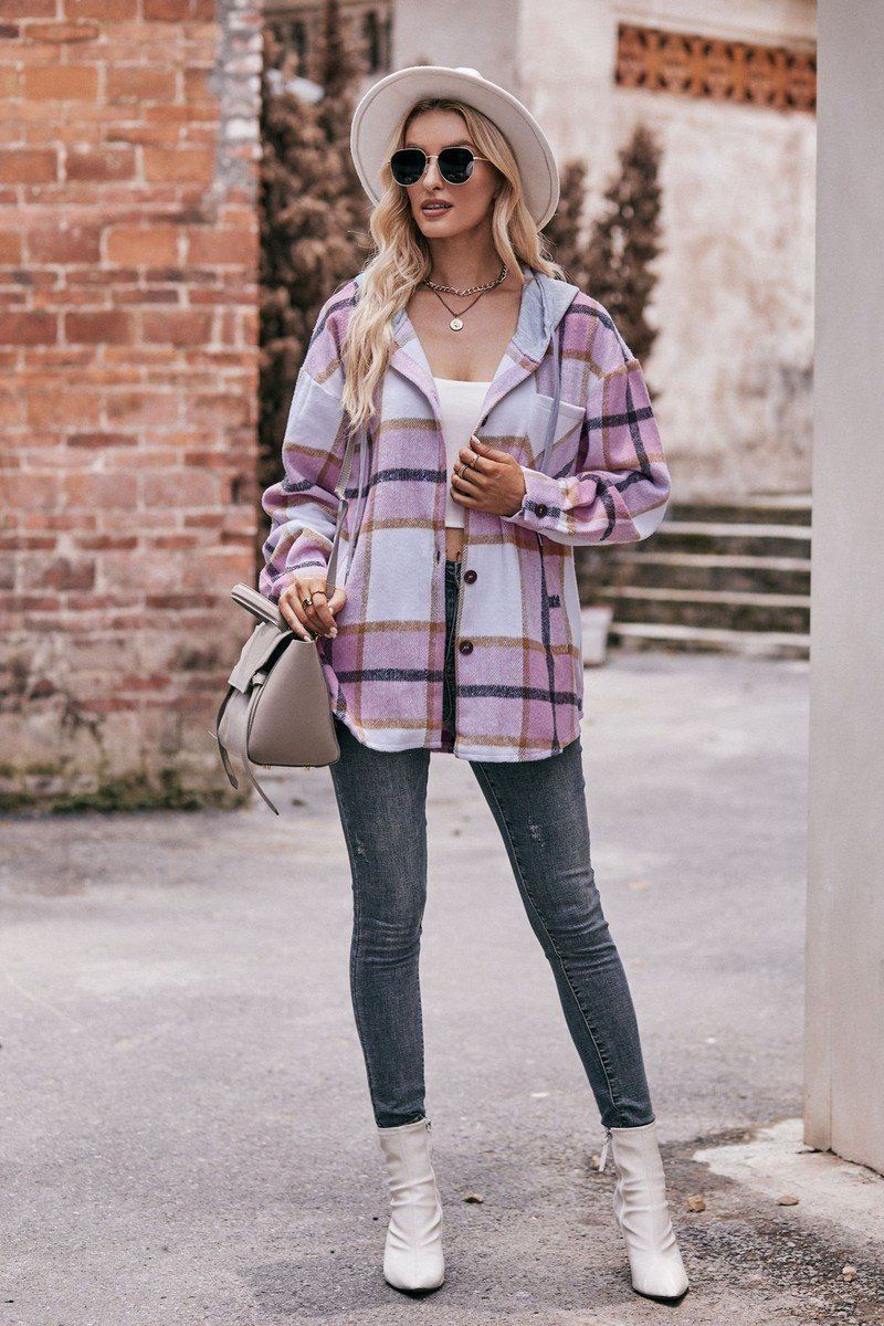WOMEN LOOSE HOODED PLAID SHIRT
