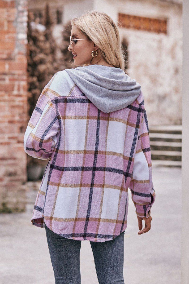 WOMEN LOOSE HOODED PLAID SHIRT