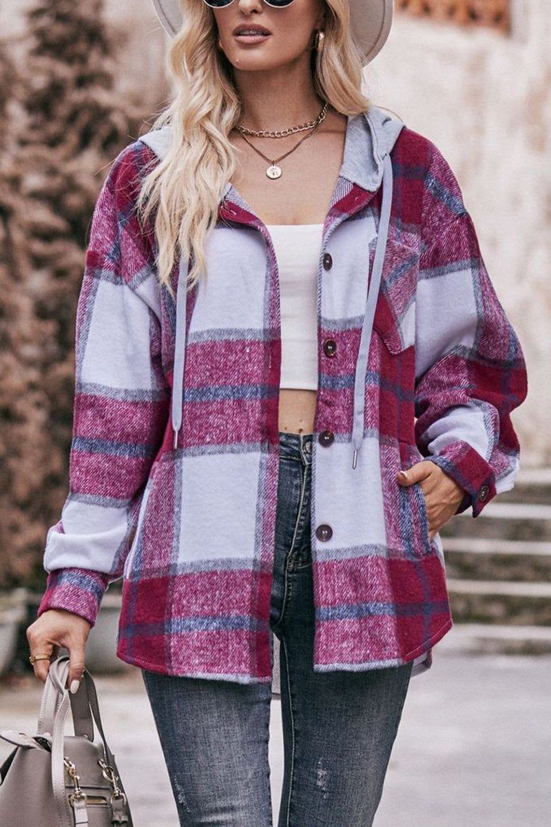 WOMEN LOOSE HOODED PLAID SHIRT