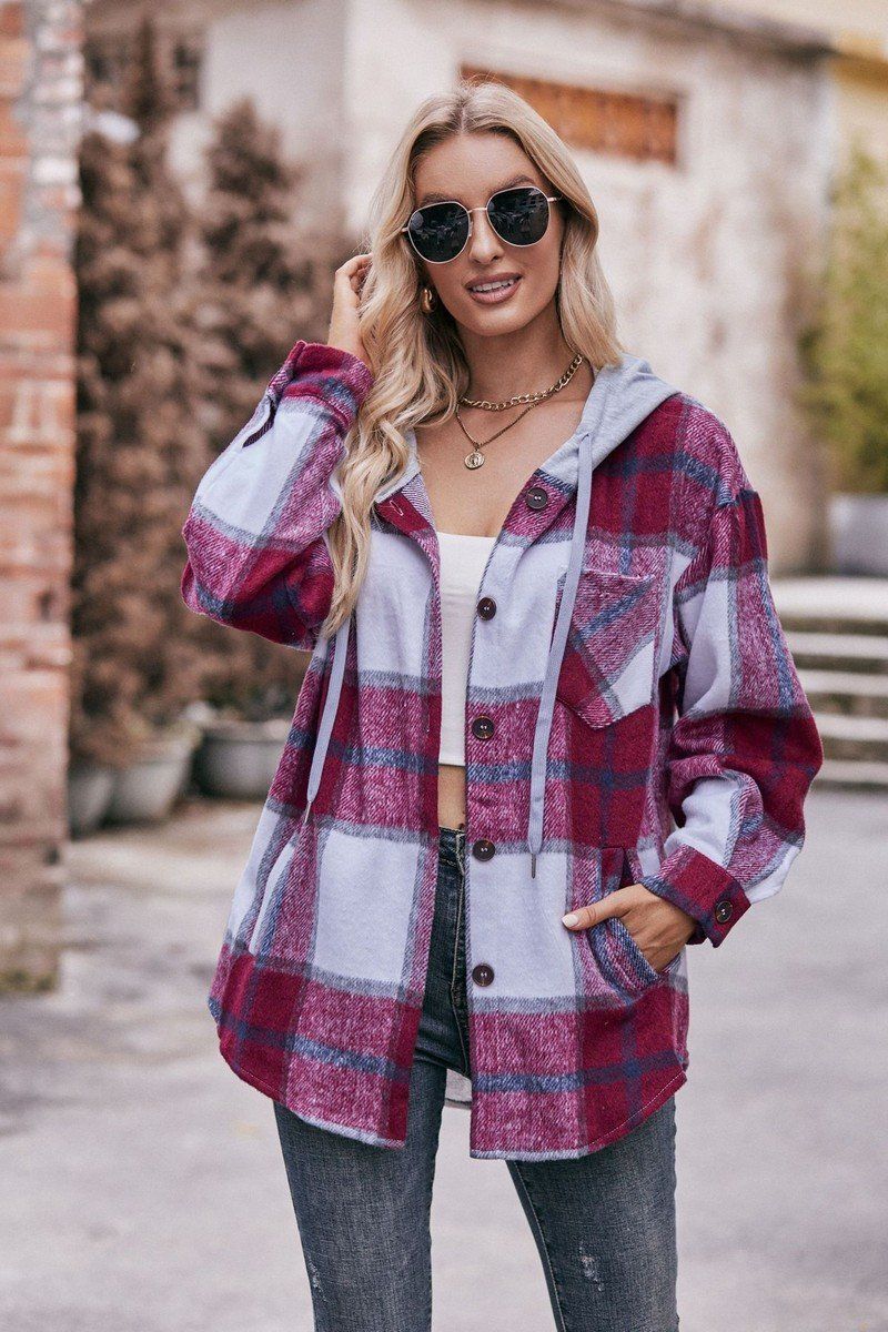 WOMEN LOOSE HOODED PLAID SHIRT