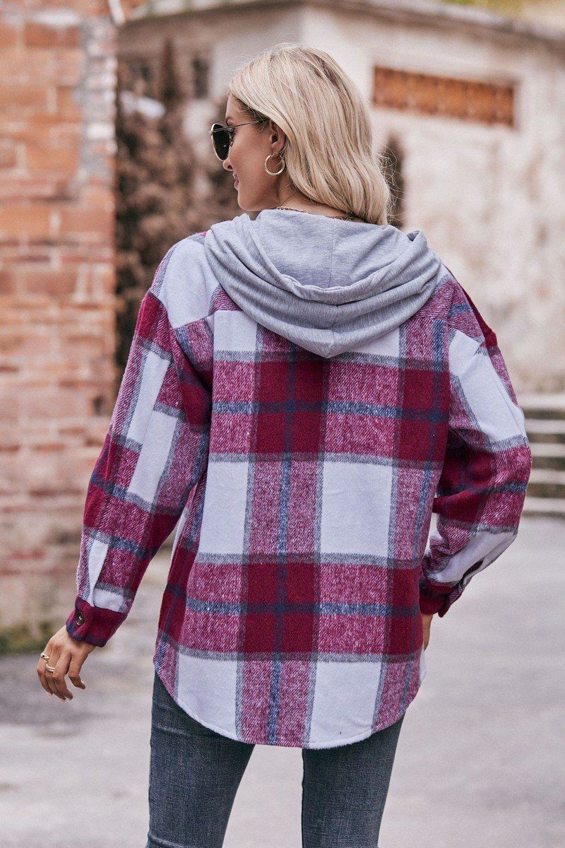 WOMEN LOOSE HOODED PLAID SHIRT