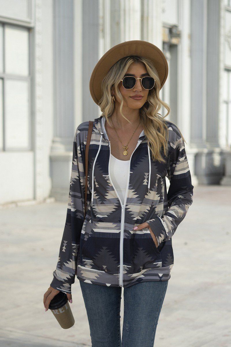 WOMEN AZTEC WESTERN LONG SLEEVE HOODIE ZIP UP
