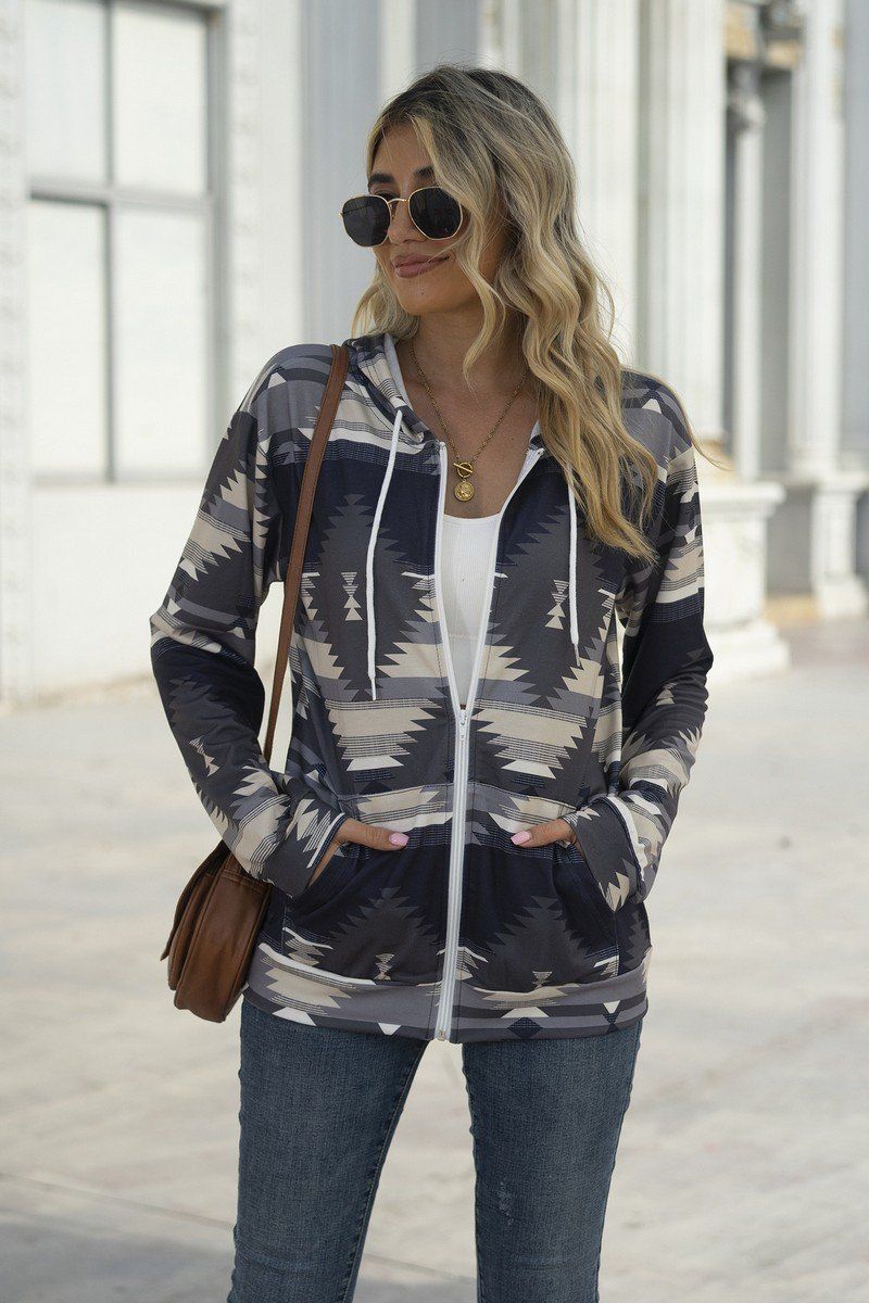 WOMEN AZTEC WESTERN LONG SLEEVE HOODIE ZIP UP