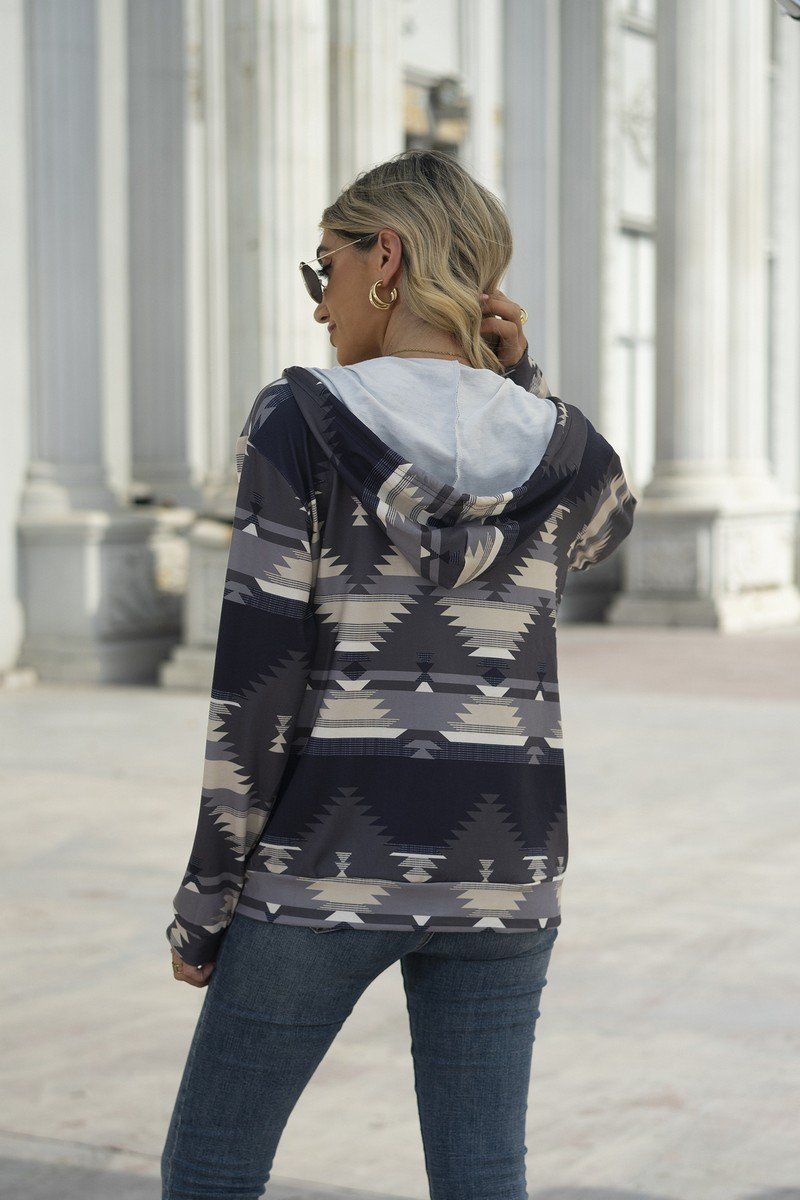 WOMEN AZTEC WESTERN LONG SLEEVE HOODIE ZIP UP