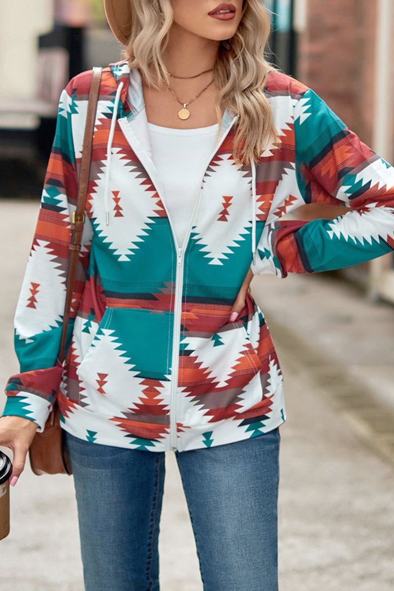 WOMEN AZTEC WESTERN LONG SLEEVE HOODIE ZIP UP