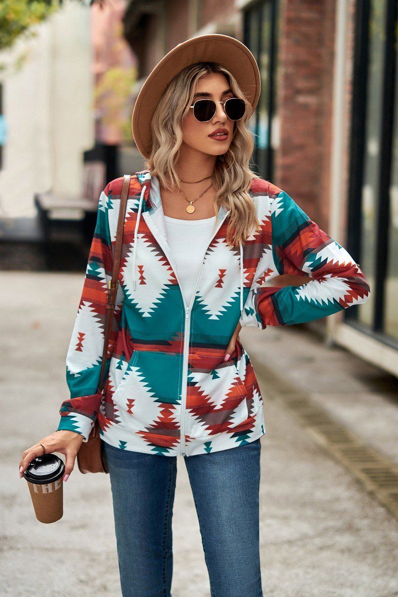 WOMEN AZTEC WESTERN LONG SLEEVE HOODIE ZIP UP