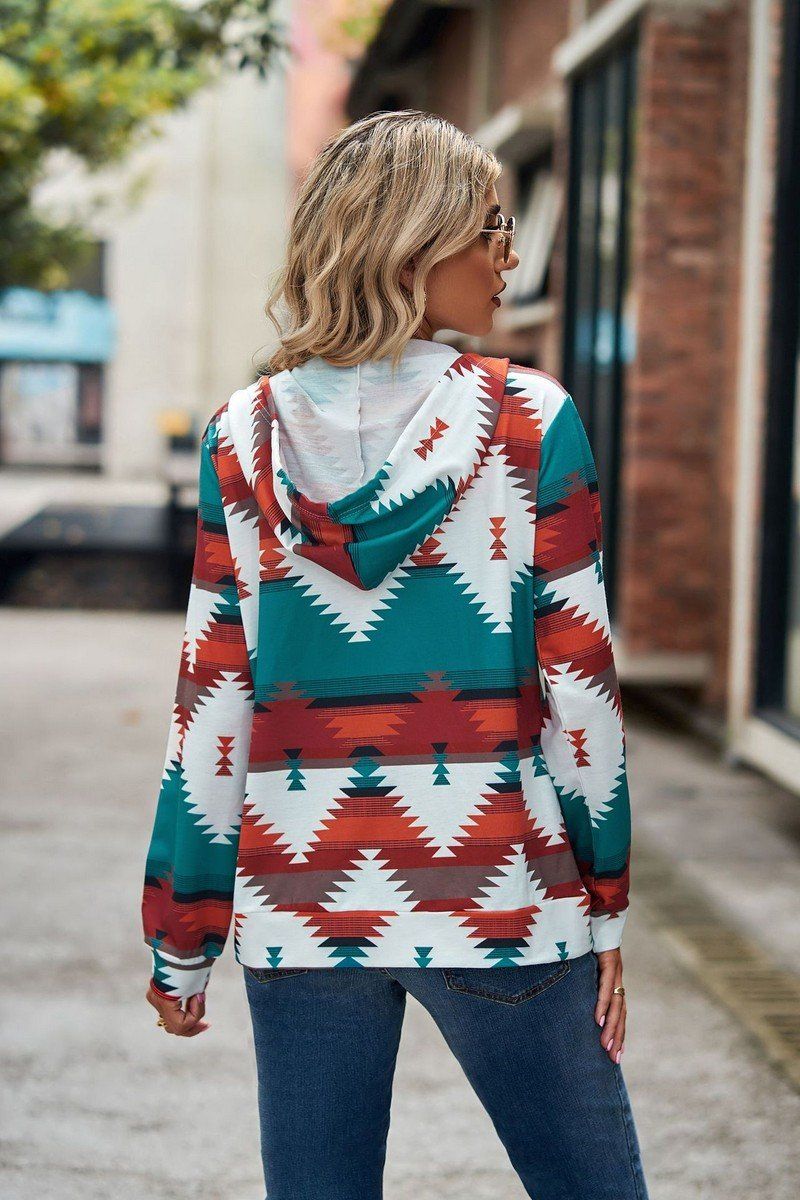 WOMEN AZTEC WESTERN LONG SLEEVE HOODIE ZIP UP