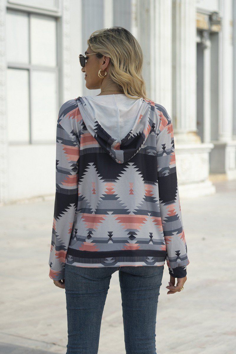WOMEN AZTEC WESTERN LONG SLEEVE HOODIE ZIP UP