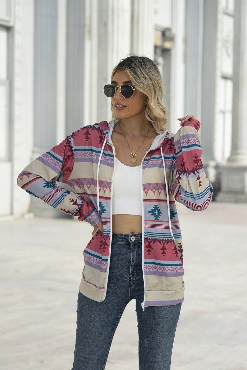 WOMEN AZTEC WESTERN LONG SLEEVE HOODIE ZIP UP