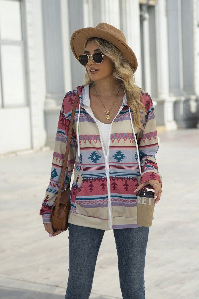 WOMEN AZTEC WESTERN LONG SLEEVE HOODIE ZIP UP
