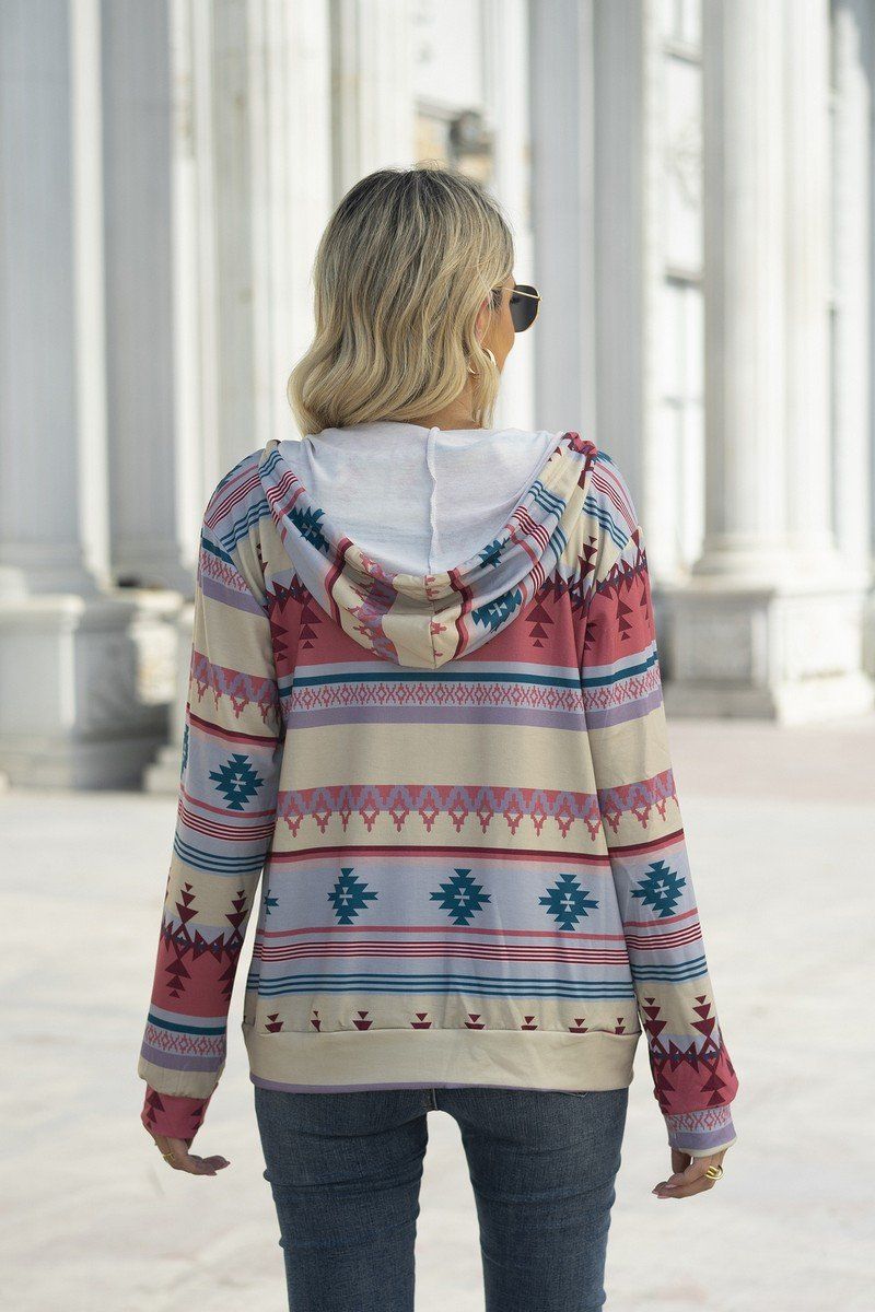 WOMEN AZTEC WESTERN LONG SLEEVE HOODIE ZIP UP