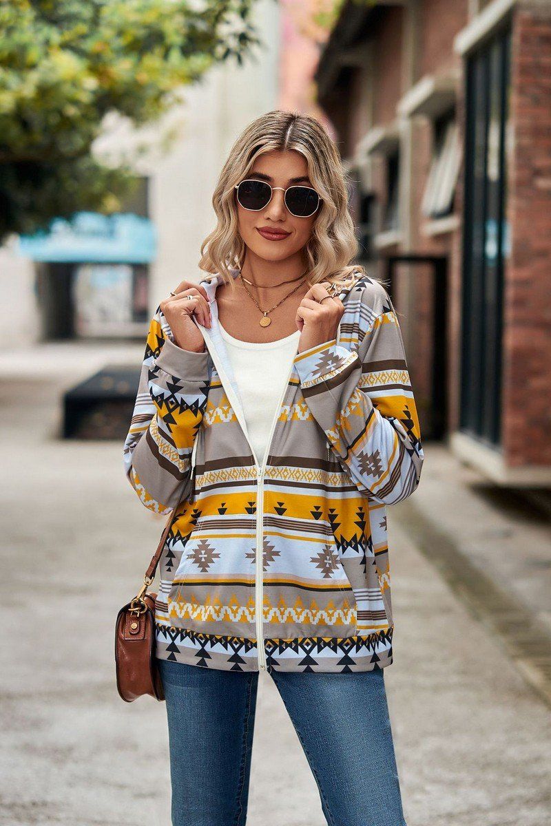 WOMEN AZTEC WESTERN LONG SLEEVE HOODIE ZIP UP