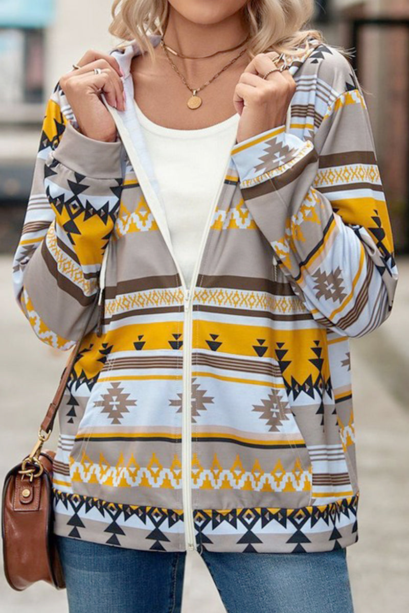 WOMEN AZTEC WESTERN LONG SLEEVE HOODIE ZIP UP