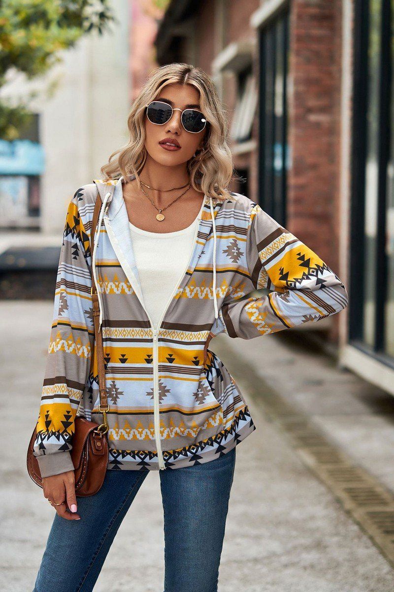 WOMEN AZTEC WESTERN LONG SLEEVE HOODIE ZIP UP