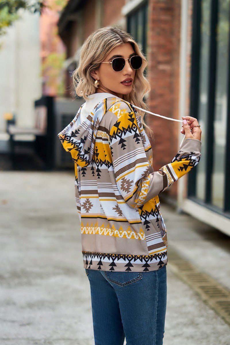 WOMEN AZTEC WESTERN LONG SLEEVE HOODIE ZIP UP