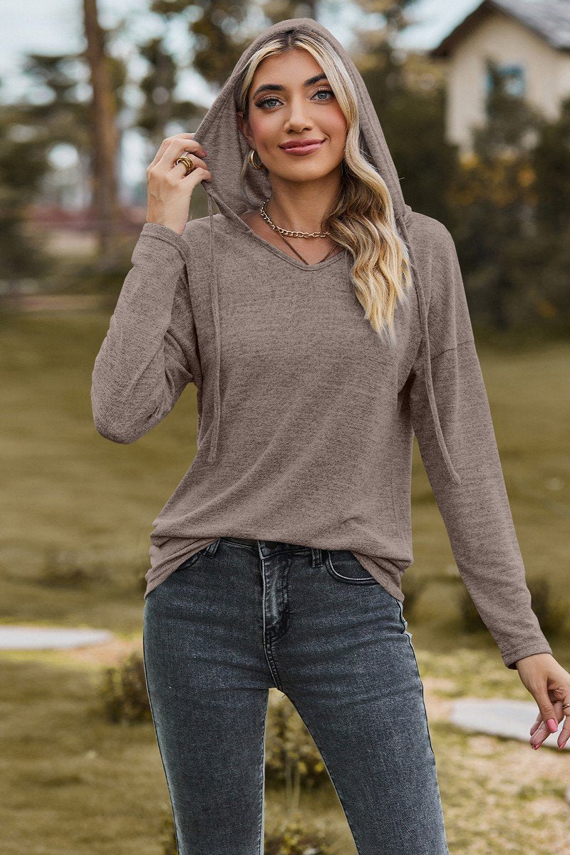 WOMEN SIMPLE BASIC LONG SLEEVE HOODED PULLOVER