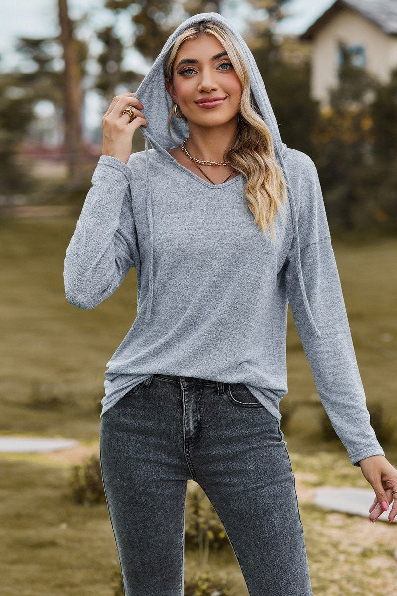 WOMEN SIMPLE BASIC LONG SLEEVE HOODED PULLOVER