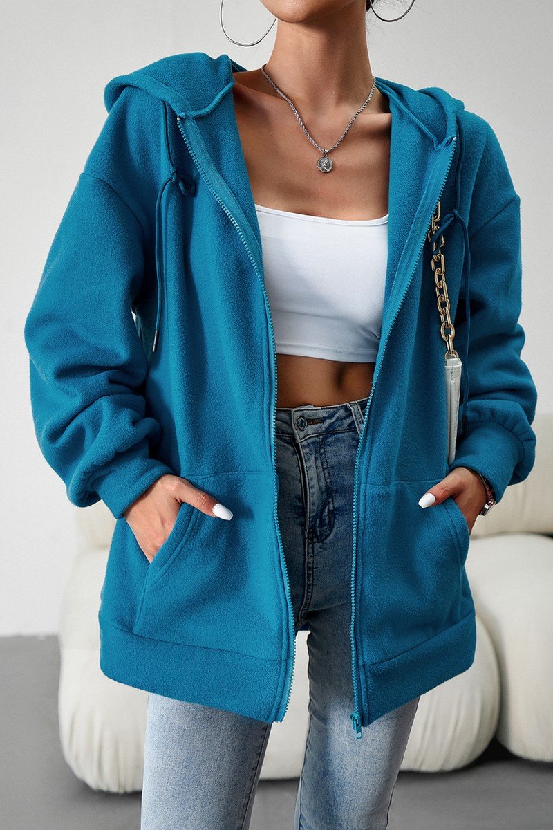 WOMEN OVERSIZED LOOSE FIT ZIP UP HOODIE JACKET