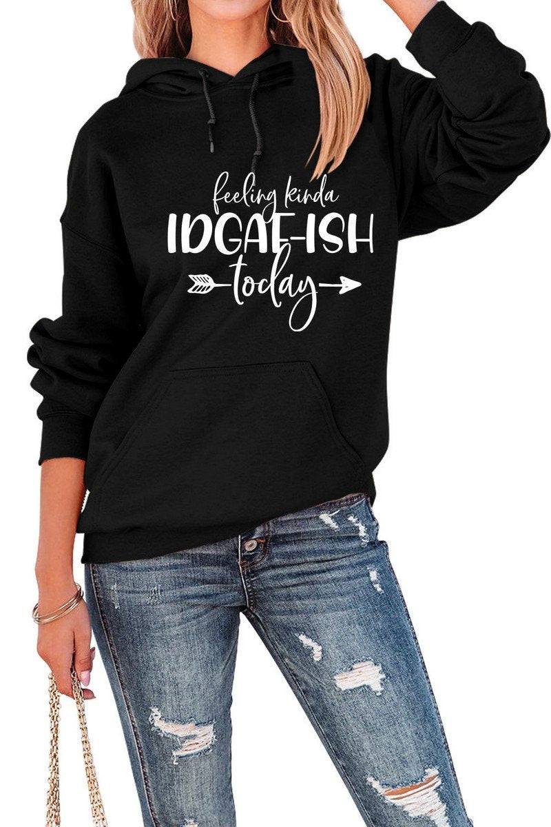 WOMEN LETTER PRINTING DRAWSTRING HOODED T SHIRT