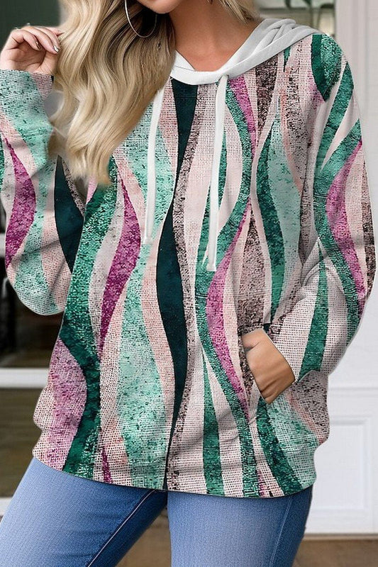 WOMEN DRAWSTRING HOODED 3D PRINTING PULLOVER TOP