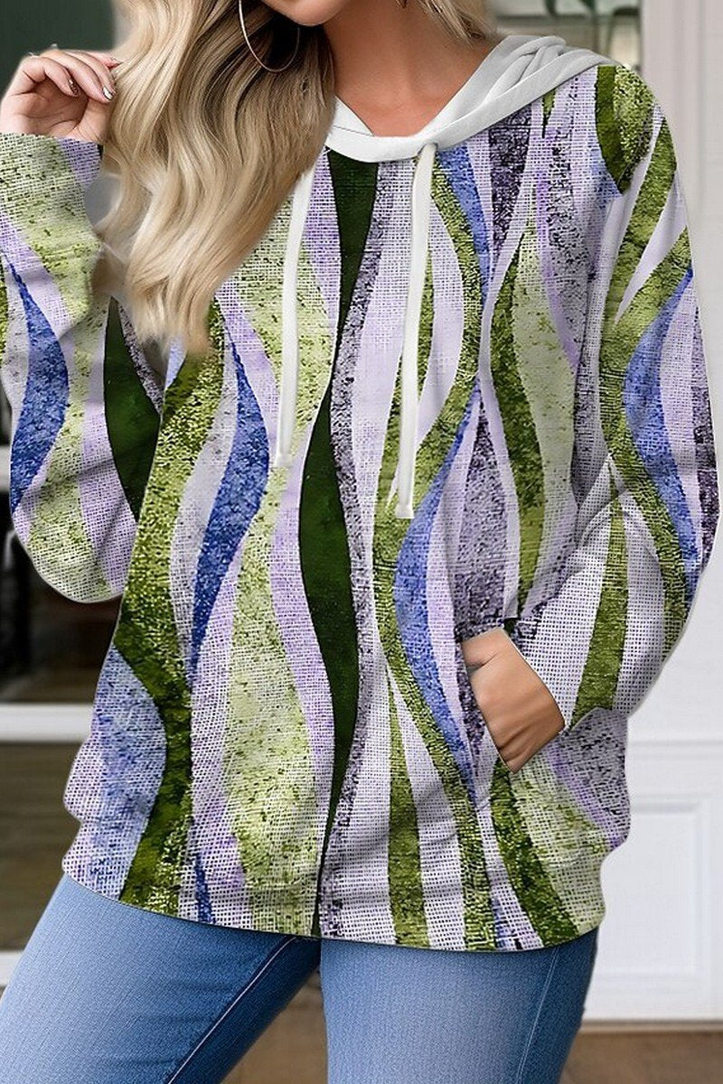 WOMEN DRAWSTRING HOODED 3D PRINTING PULLOVER TOP