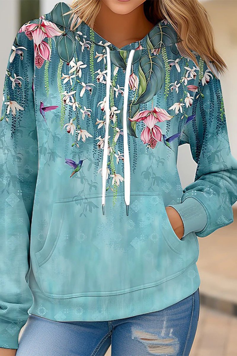 WOMEN FLORAL PRINTING DRAWSTRING HOODED PULLOVER