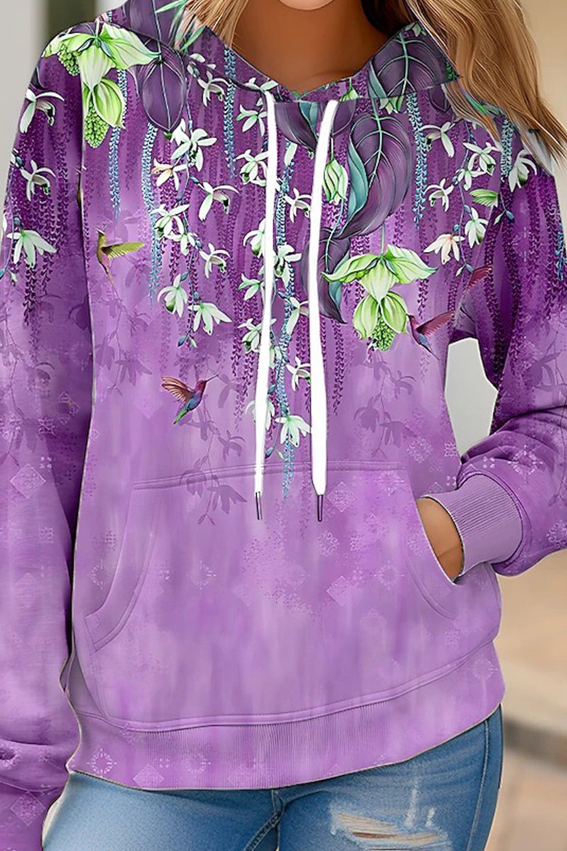 WOMEN FLORAL PRINTING DRAWSTRING HOODED PULLOVER